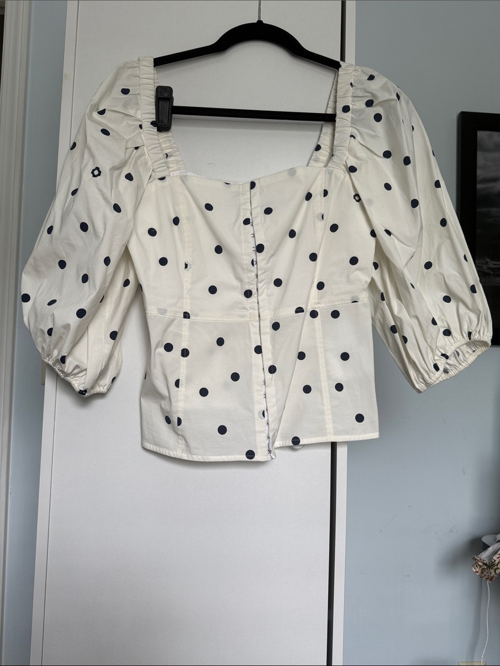 Maje White Blouse with Navy Polka Dots and Puff Sleeves